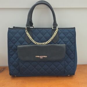 Karl Lagerfeld Blue Quilted Satchel with Gold Chain